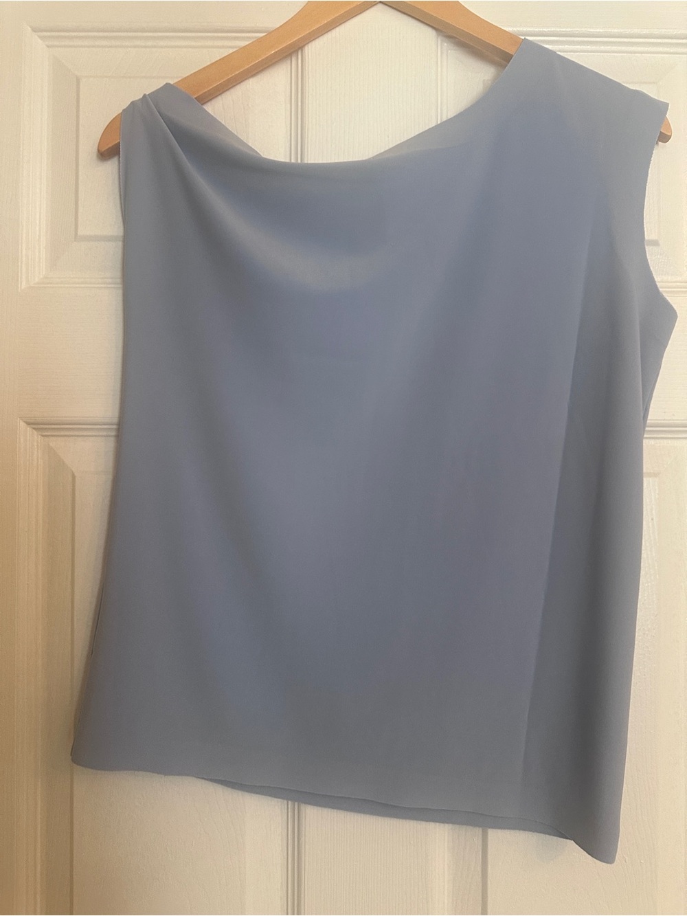 Norma Kamali Light Blue Draped, Off-the-Shoulder Sleeveless Top - Picture 2 of 7